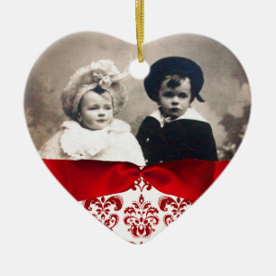 ELEGANT RED WHITE DAMASK RIBBON FOTOMALL JULGRANSPRYDNAD KERAMIK