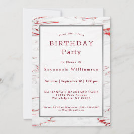 Elegant Red White Faux Marble Birthday Inbjudningar