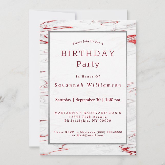 Elegant Red White Faux Marble Birthday Inbjudningar (Framsida)