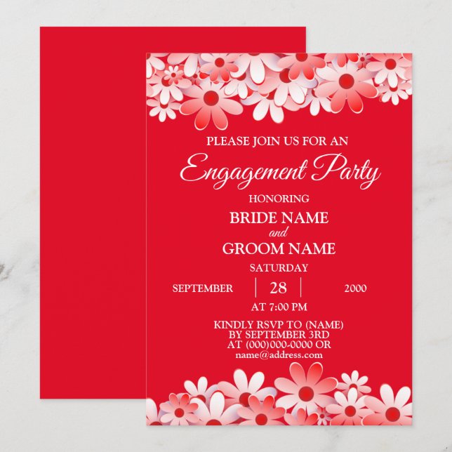 Elegant Red White Floral Engagement Party Inbjudningar (Fram/baksida)