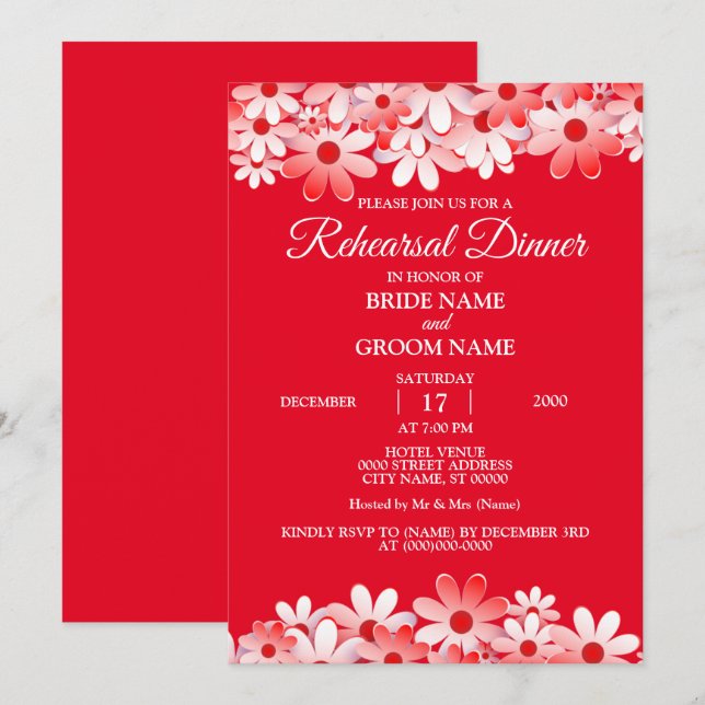 Elegant Red White Floral Wedding Rehearsal Dinner Inbjudningar (Fram/baksida)