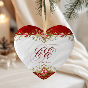 Elegant Red White Guld Monogram Bröllop Julgransprydnad Keramik