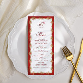 Elegant Red White Guld Monogram Bröllop Menu Meny