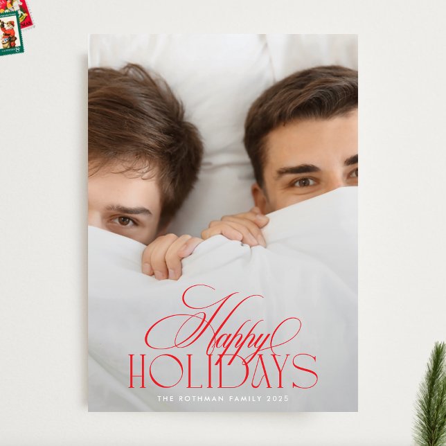 Elegant Red & White jul Calligraphy 2 Photo Julkort (Skapare uppladdad)