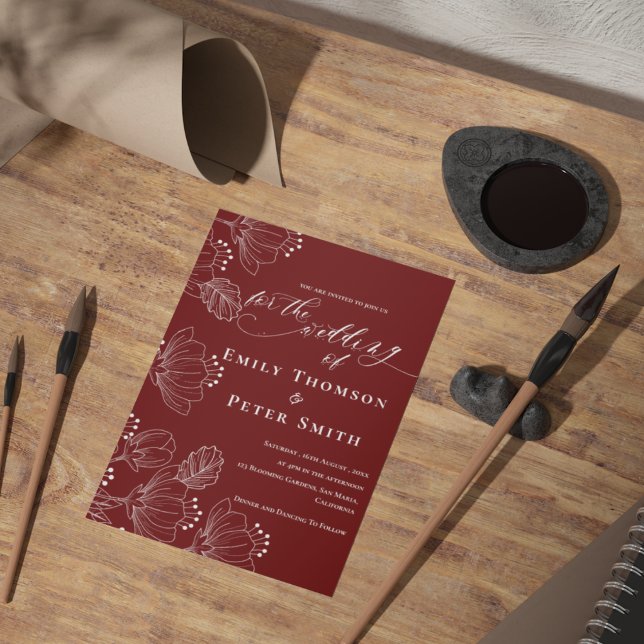 Elegant Red White Minimalist Line Blommigt Bröllop Inbjudningar (Elegant Red White Minimalist Line Floral Wedding Invitation)