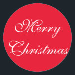 Elegant Red White Script God jul Runt Klistermärke<br><div class="desc">God jul,  vitt skript på traditionella röda bakgrundsmärken. Om du vill matcha julkort,  returetiketter och porto frimärke kan du besöka min affär.</div>