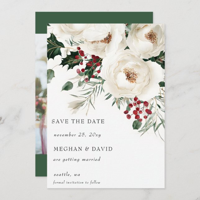 Elegant Red White Winter-julfoto Spara Datumet (Fram/baksida)