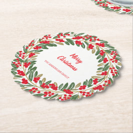 Elegant Red Wreath Holly Berries Gold merry Xmas Underlägg Papper