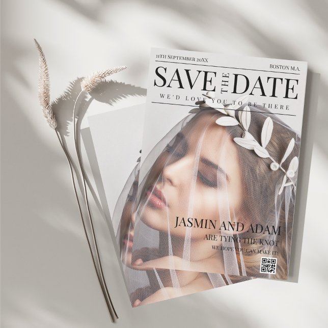Elegant redaktionell bröllop spara datumet (Unique Magazine Style Editorial Photo Wedding Save The Date)