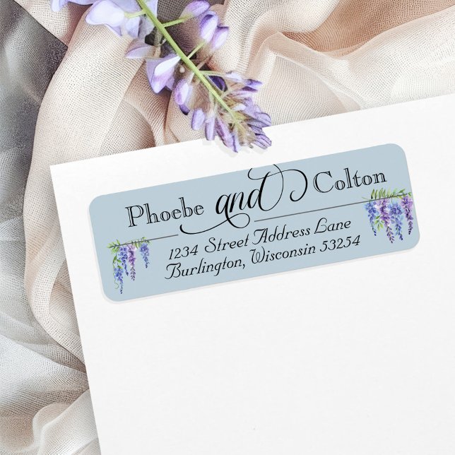 Elegant ReEmergency Wisteria Garden Wedding Adress Returadress Etikett (Elegant dusty blue Regency vintage script Bridgerton floral wisteria wedding return address label)