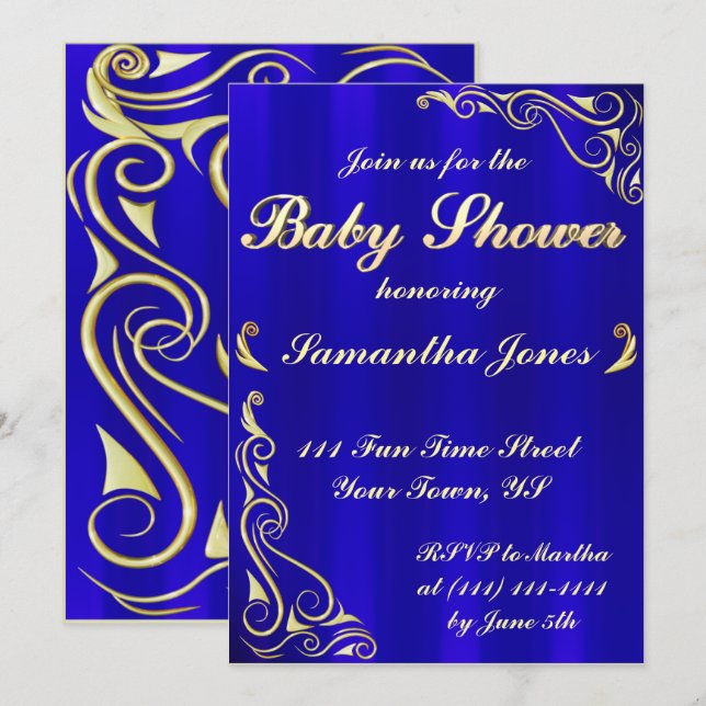 Elegant Regal Golden Royal Blue Baby Shower Inbjudningar (Fram/baksida)