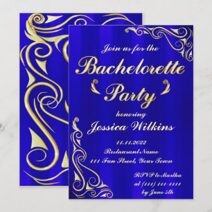 Elegant Regal Golden Royal Blue Bachelorette Party Inbjudningar