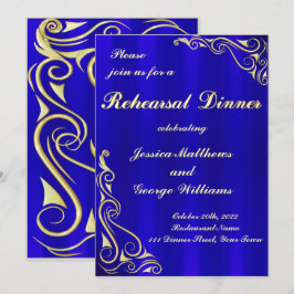 Elegant Regal Golden Royal Blue Rehearsal Middag Inbjudningar