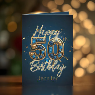 Elegant Regal Midnight Blue och Guld 50:e födelsed Kort