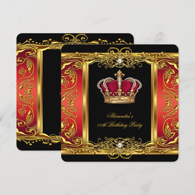 Elegant Regal Red Black Guld Queen Birthday 3 Inbjudningar (Fram/baksida)