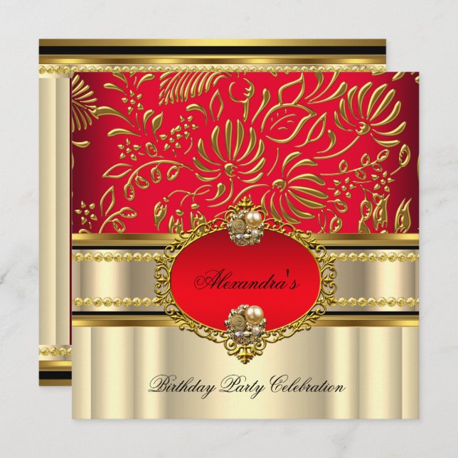 Elegant Regal Red Cream Guld Damask Birthday Inbjudningar (Fram/baksida)
