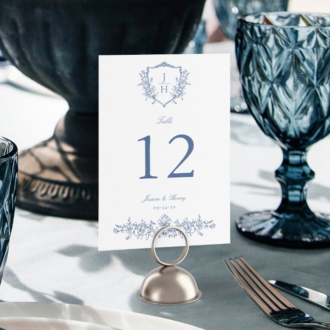 Elegant Regency Blommig Vapenmärke Blå Bröllops- Bordsnummer (Skapare uppladdad)