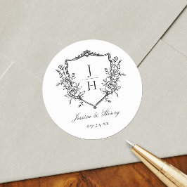 Elegant Regency blomsterkrans monogram bröllop Runt Klistermärke