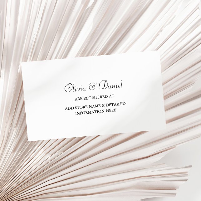 Elegant-registerkort för minimalistiska Bröllop Tilläggskort (Elegant Minimalist Wedding Registry Card on a sunny white dry palm leaf.)