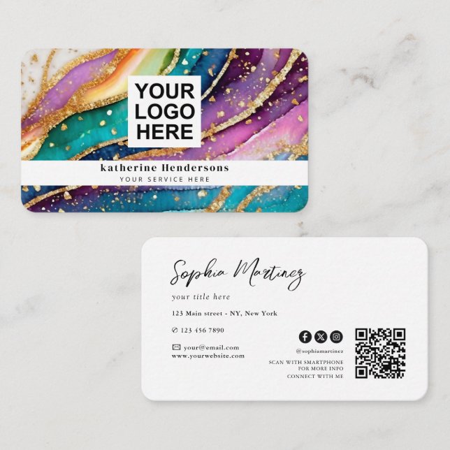 Elegant regnbåge agat guld glitter & QR-kod logoty Visitkort (Fram/baksida)