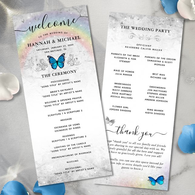 Elegant Regnbåge Blue Butterfly Bröllopsprogram Inbjudningar (Elegant rainbow blue butterfly wedding programs for your big day!)