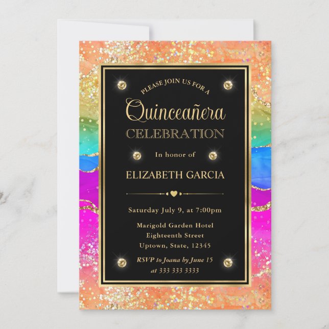Elegant Regnbåge Glitter Agat & Guld Quinceanera Inbjudningar (Framsida)