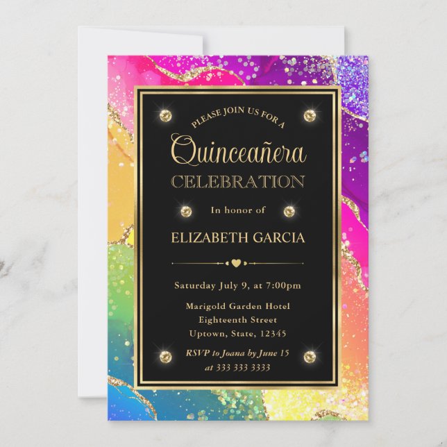 Elegant regnbåge glitter agat & guld Quinceanera Inbjudningar (Framsida)