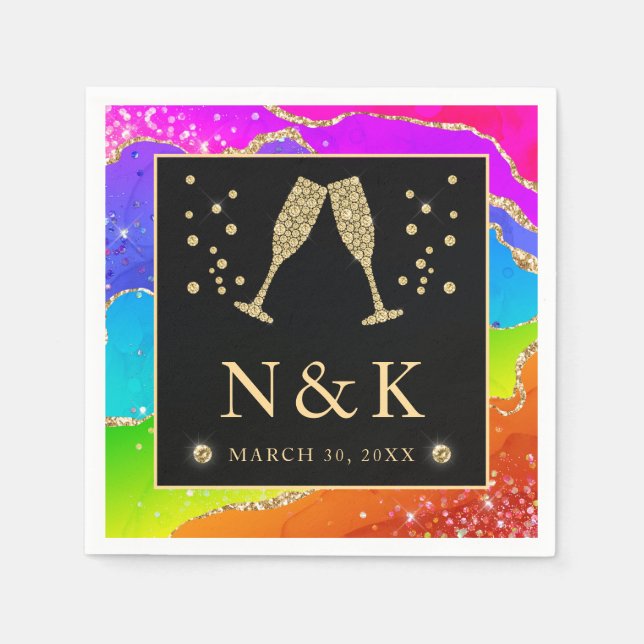Elegant regnbåge glitter agat och guld bröllop pappersservett (Framsidan)