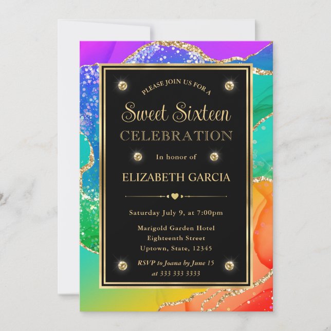 Elegant regnbåge glitter agat och guld Sweet 16 Inbjudningar (Framsida)