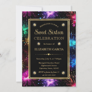 Elegant regnbågsfyrverkeriram Sweet Sixteen Inbjudningar