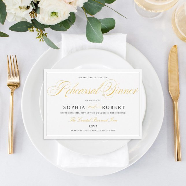 Elegant Rehearsal Dinner Black och Guld on White Inbjudningar (Skapare uppladdad)