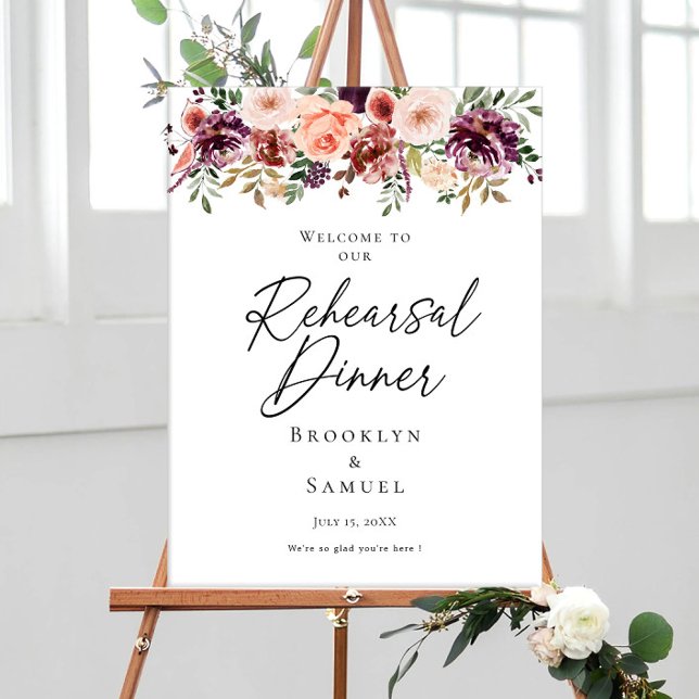 Elegant Rehearsal Dinner burgundy floral welcome Poster (Skapare uppladdad)