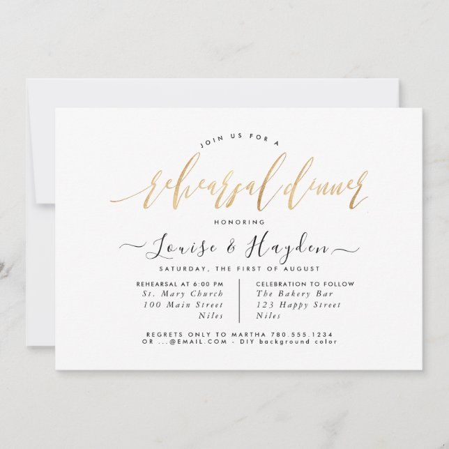 Elegant Rehearsal Dinner, Faux Guld Modern Script Meddelande (Framsida)