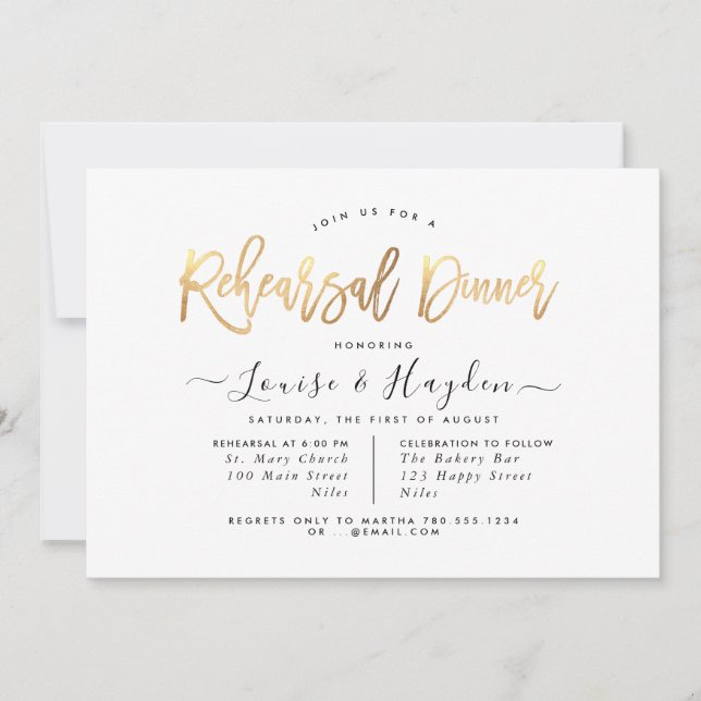 Elegant Rehearsal Dinner, Faux Guld Modern Script Meddelande (Framsida)