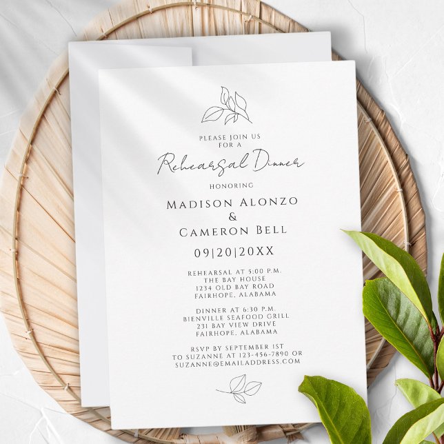 Elegant Rehearsal Dinner Löv Black & White Inbjudningar (Elegant Rehearsal Dinner Botanical Leaves Black & White Invitation)