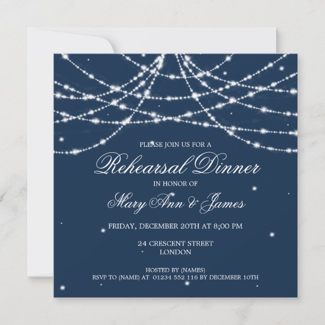 Elegant Rehearsal Dinner Sparkling String Navy Inbjudningar (Framsida)