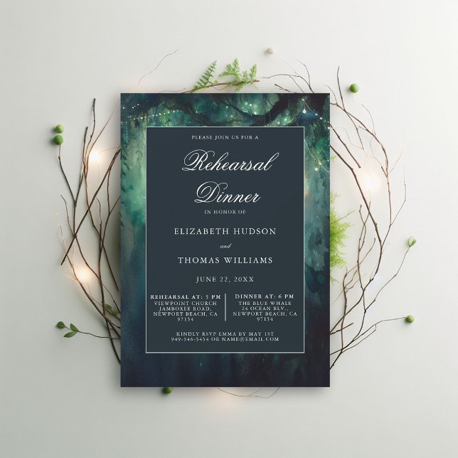 Elegant Rehearsal Dinner, storslagen skog Emerald Inbjudningar (wedding rehearsal dinner invitation enchanted forest secret garden magical theme emerald gold)
