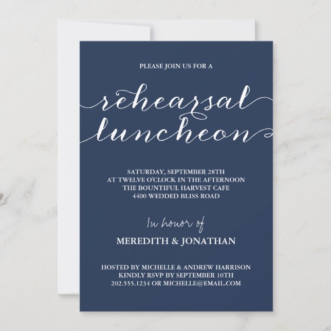 Elegant Rehearsal Luncheon, Navy Blue and White Inbjudningar (Framsida)