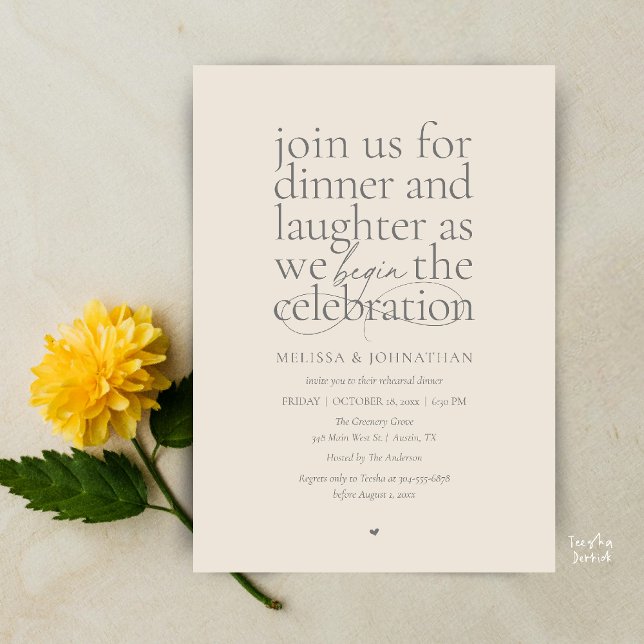 Elegant Rehearsal Middag Love & Laughter Minimal Inbjudningar (Modern Elegant Rehearsal Dinner Love & Laughter Celebration begins Invites Card in Cream Grey)