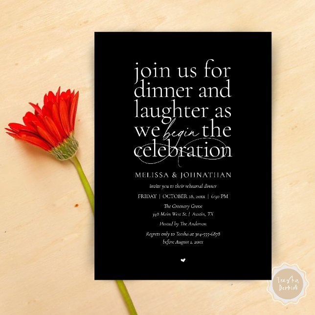 Elegant Rehearsal Middag Love & Laughter Minimal Inbjudningar (Modern Elegant Rehearsal Dinner Love & Laughter Celebration begins Invites Card in Black and white)