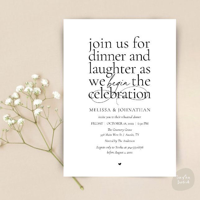 Elegant Rehearsal Middag Love & Laughter Minimal Inbjudningar (Modern Elegant Rehearsal Dinner Love & Laughter Celebration begins Invites Card in Black white)