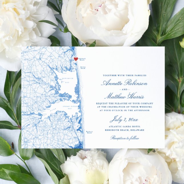 Elegant RehoBåde Beach Delaware Karta Bröllop Inbjudningar (Elegant Rehoboth Beach Delaware Wedding invitation with navy blue map from Coastal Map Designs)