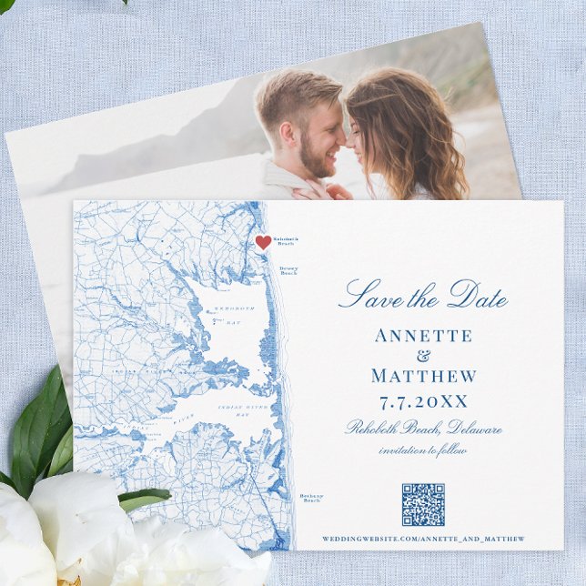 Elegant Rehotwo Beach Karta Navy Bröllop Spara Datumet (Elegant Rehoboth Beach Delaware Wedding save the date with photo back and navy blue map )
