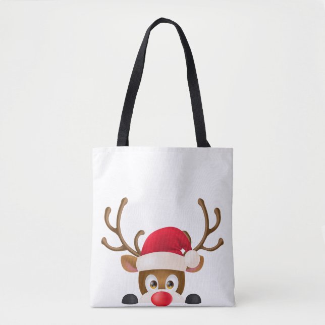 Elegant Reindeer med Santa Hat Tote Bag Tygkasse (Framsida)