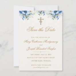 Elegant religiös blå blomster guld kors bröllop spara datumet
