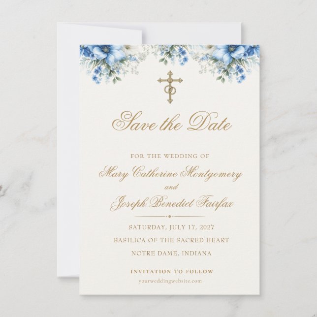 Elegant religiös blå blomster guld kors bröllop  spara datumet (Framsida)