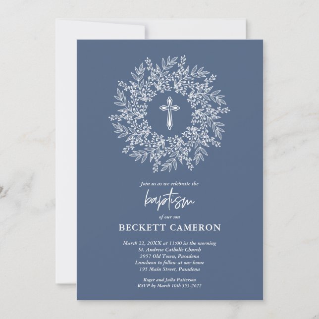 Elegant Religiös Blå Kors Dop Inbjudningar (Framsida)