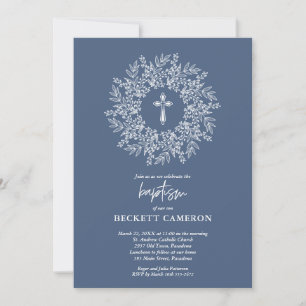 Elegant Religiös Blå Kors Dop Inbjudningar
