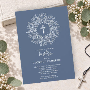 Elegant Religiös Blå Kors Dop Inbjudningar