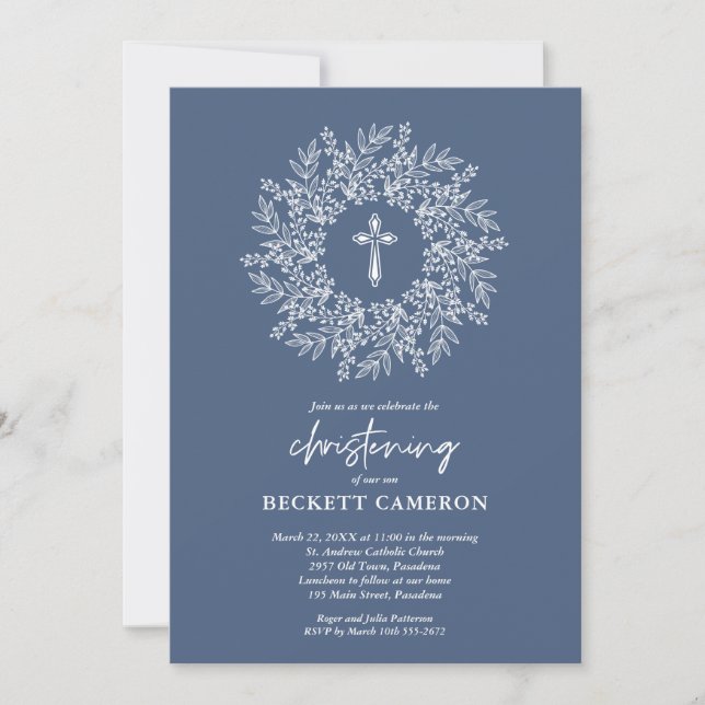 Elegant Religiös Blå Kors Pojke Dop Inbjudningar (Framsida)